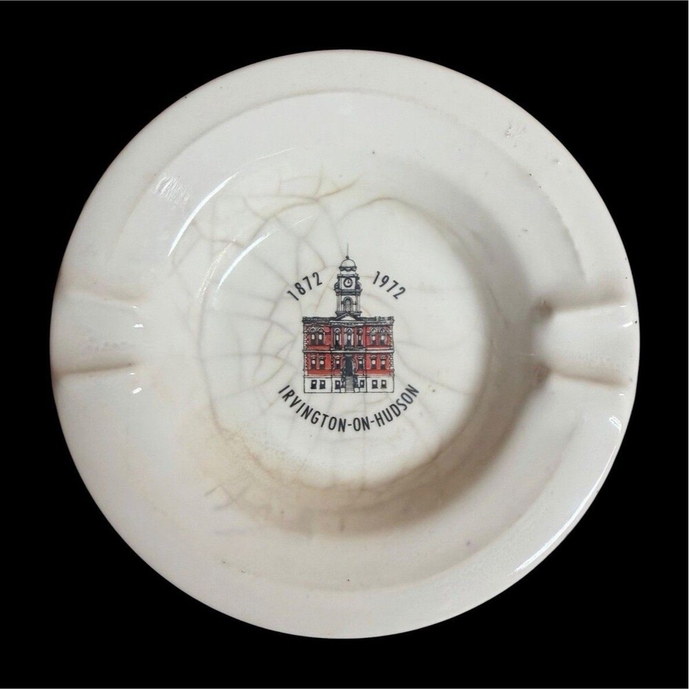 Vtg 1972 Irvington On Hudson NY Centennial Ceramic Ashtray Town Hall Building